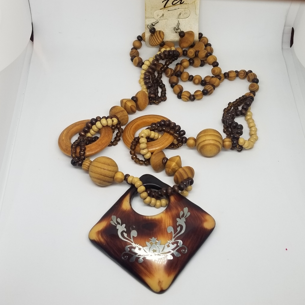 Rustic Wooden Bead Necklace & Earrings Set Brown Tribal Statement Jewelry